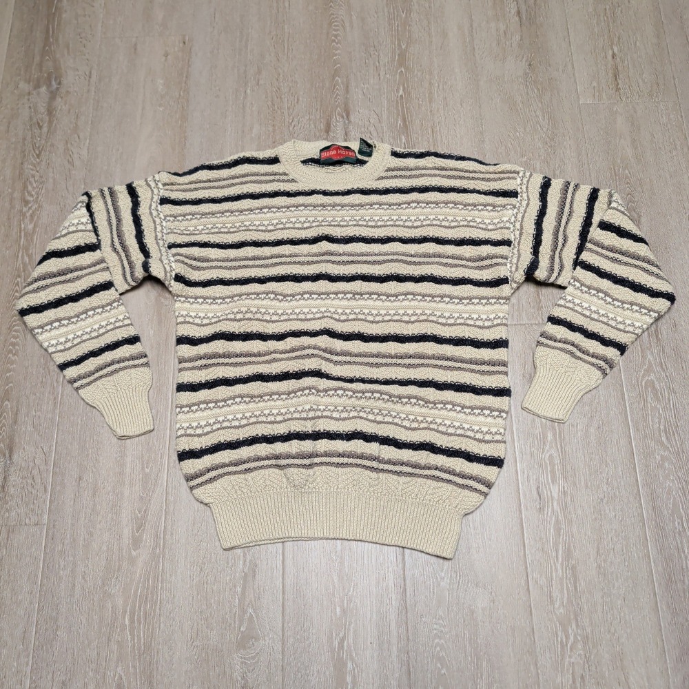 Vintage Stone Haven Mens Striped Textured Knit Ramie Cotton Sweater Beige Large